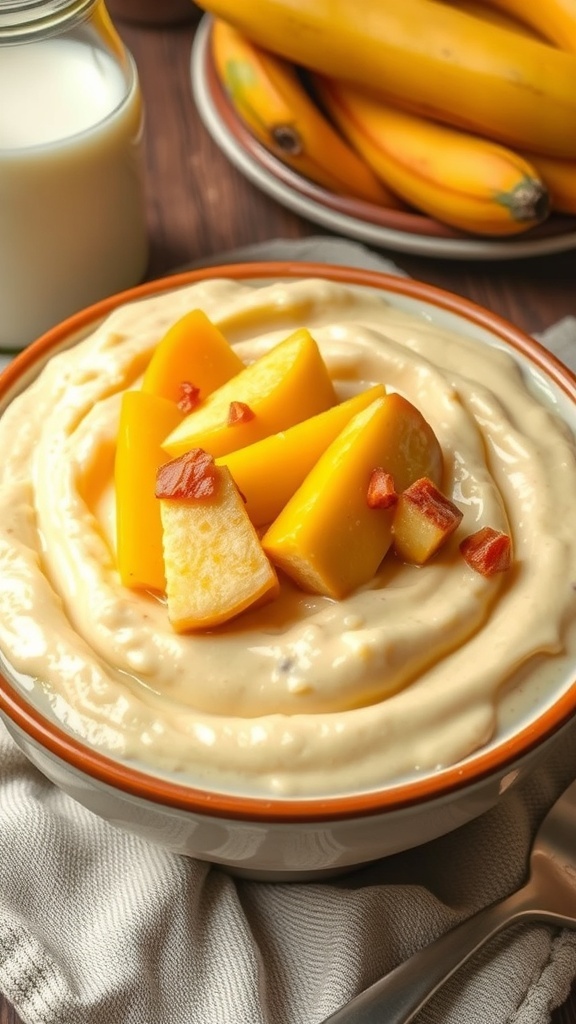 Mashed Kenkey with Milk Recipe A bowl of mashed kenkey with milk, topped with fruits, served with a bottle of milk.